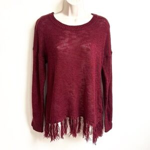 Coco + Jameson fringe tassel scoop neck pullover burgundy red sweater XL